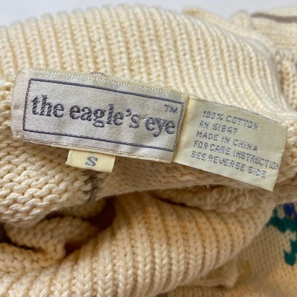 Vintage 80s Eagles Eye Size Small Ivory Cream Floral Print Turtleneck Sweater - Picture 12 of 14